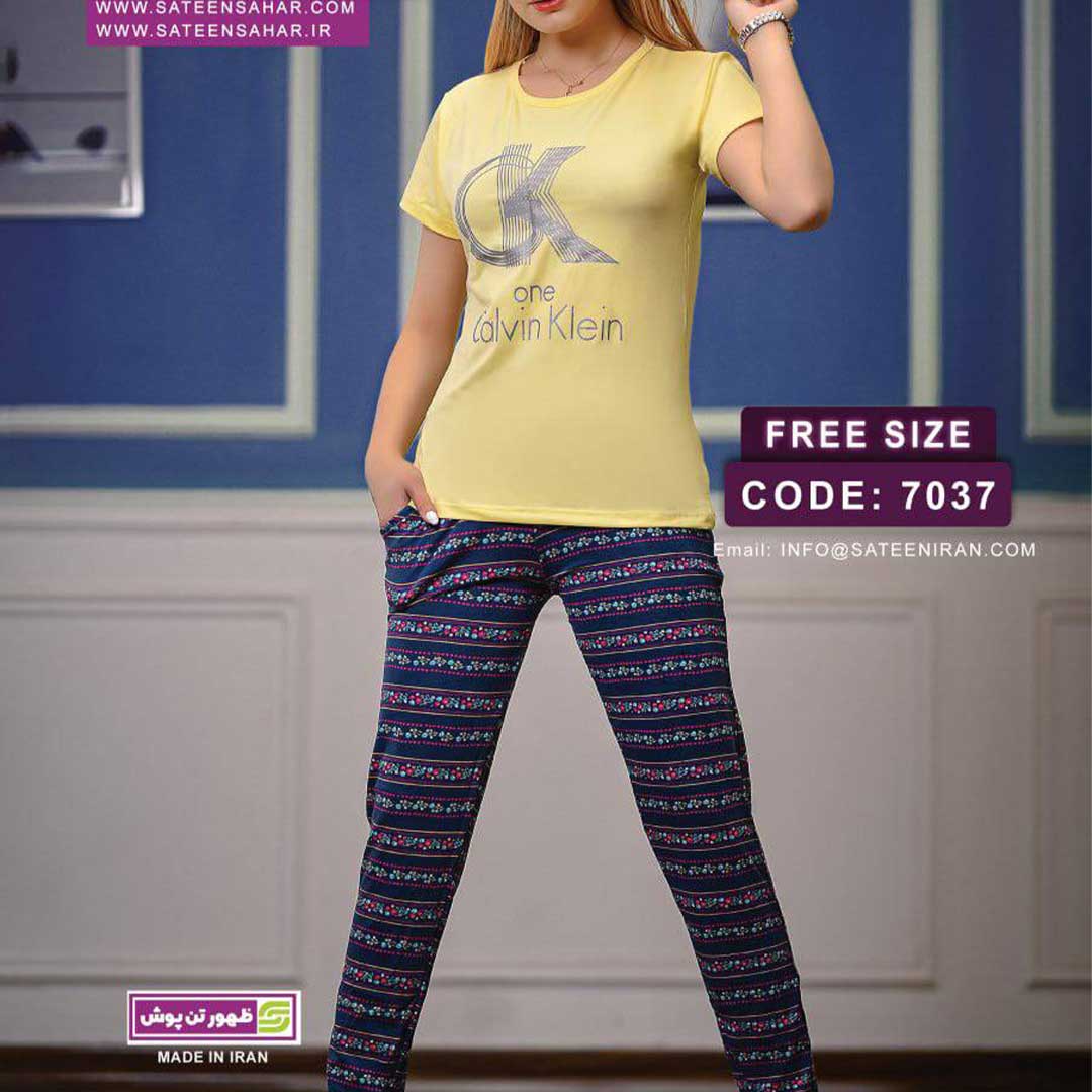 تیشرت و شلوار زنانه زرد و سرمهای ساتین سحر مدل 7037 – استایل راحتی و اسپرت