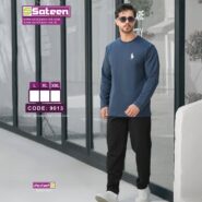 ست دورس آستین بلند آبی تیره با شلوار مشکی مردانه ساتین سحر مدل 9013 مناسب فصل پاییز